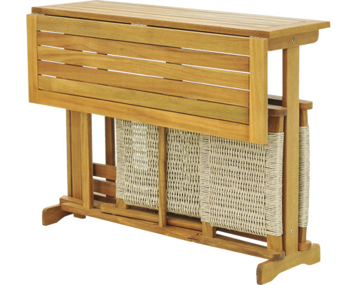 Măsuță din lemn cu blat rabatabil și coș de depozitare împletit