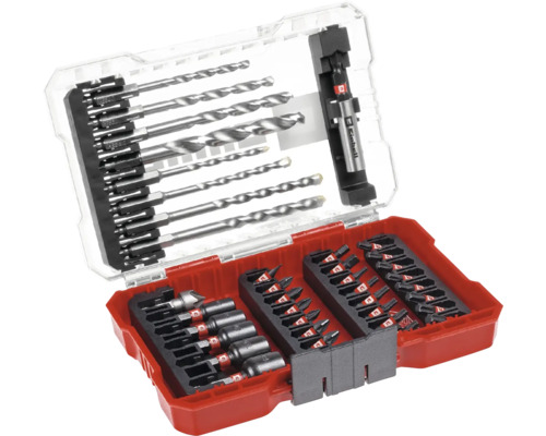 Set de burghie și biți într-o cutie de plastic roșie deschisă