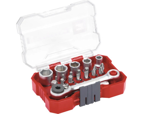 Set cheie cu clichet cu tubulare și biți în cutie de depozitare roșie