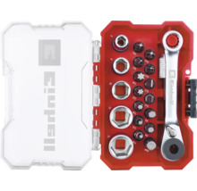 Set de chei cu clichet și biți Einhell în cutie deschisă.