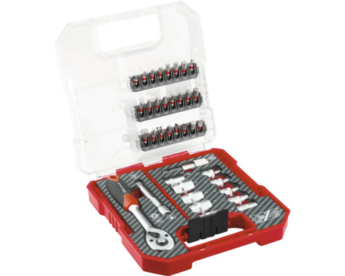 Set de chei cu clichet cu diverse biți și chei tubulare într-o valiză roșie