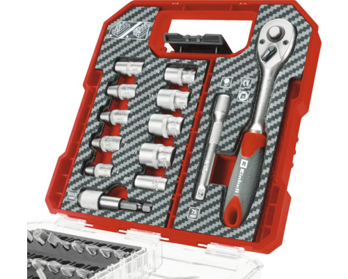 Set chei tubulare Einhell cu clichet, extensie și tubulare în cutie roșie