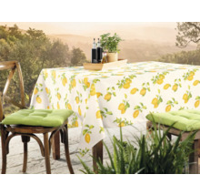 Masa aranjată cu față de masă cu model de lămâie și scaune afară.