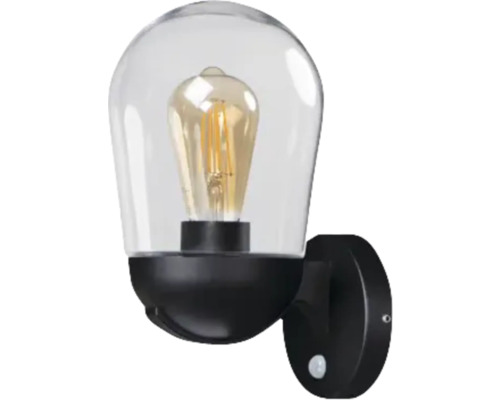 Aplică exterior Liego E27 max. 1x15W, senzor de mișcare, IP44, sticlă/negru Lumină de perete exterioară neagră cu senzor de mișcare și cupolă de sticlă