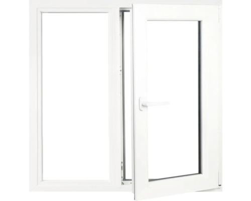 Fereastră din plastic albă cu funcție de rotire și înclinare, parțial deschisă.