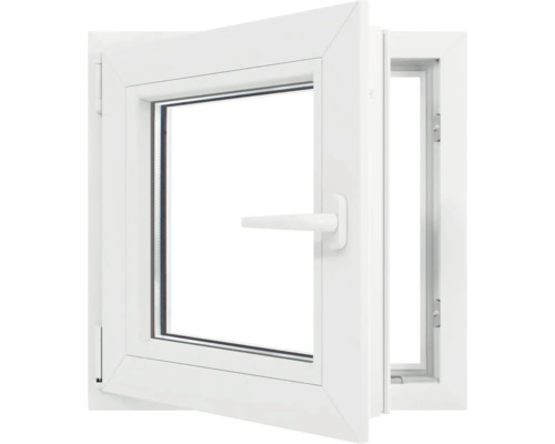 Fereastră din plastic albă deschisă, cu funcție de deschidere și înclinare