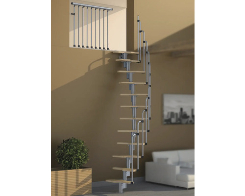 Scară spirală din metal și lemn în sufragerie cu balustradă