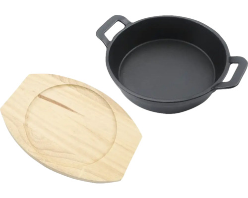 Tigaie din fontă cu suport din lemn