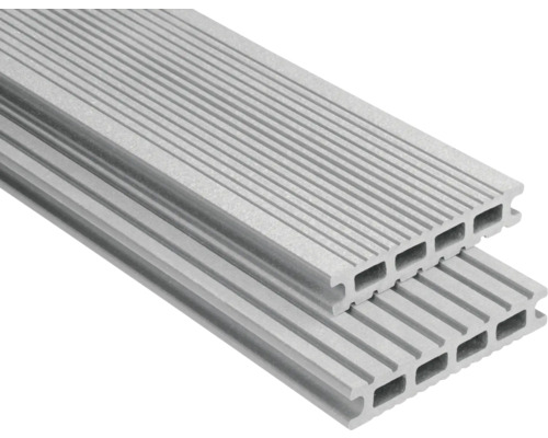 Profil WPC Konsta pentru terasă argintiu periat 25x145x1000 mm Două scânduri de terasă WPC cu suprafață canelată și profil cu cameră goală