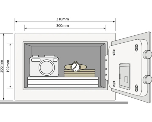 Seif deschis cu cameră, ceas și documente, dimensiuni în milimetri