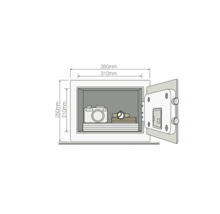 Ilustrație cu un seif care conține o cameră, cărți și un ceas, cu dimensiuni indicate