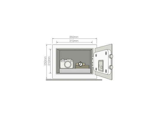 Ilustrație cu un seif care conține o cameră, cărți și un ceas, cu dimensiuni indicate