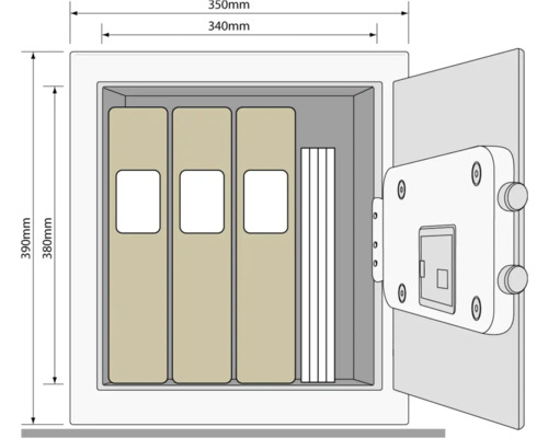 Ilustrație a unui seif cu dosare și dimensiuni