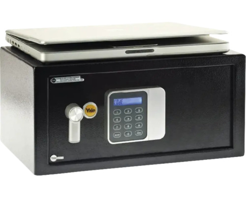 Seif negru cu laptop deasupra pentru depozitare sigură