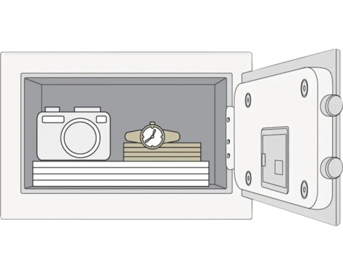 Seif deschis cu cameră, ceas și documente
