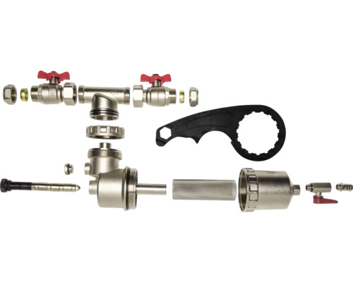 Vizualizare explodată a unui filtru de încălzire cu robinete sferice și unealtă de montaj