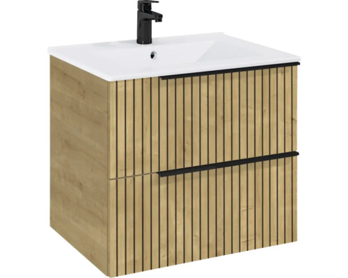 Set mobilier baie suspendat Roca Elegant Plus 60 cm PAL stejar Dulap de bază pentru lavoar cu două sertare, lavoar și baterie
