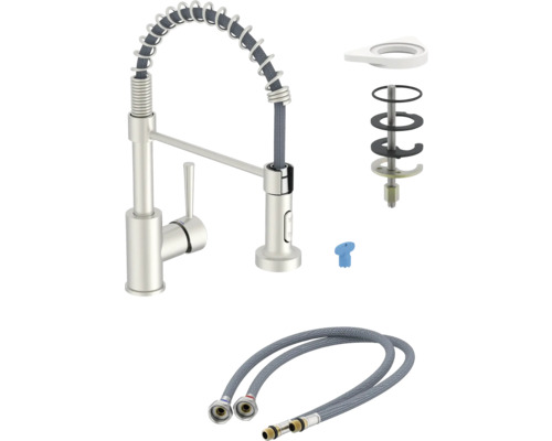 Baterie de bucătărie cu arc spiralat, furtun de duș și accesorii de montaj