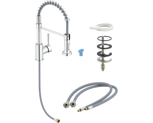 Baterie de bucătărie cu duș flexibil și accesorii de montaj