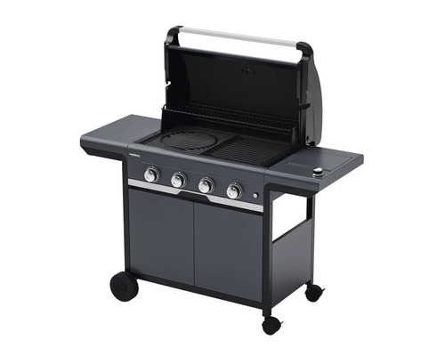 Grătar pe gaz cu patru arzătoare, suprafețe de depozitare și dulap inferior pe roți