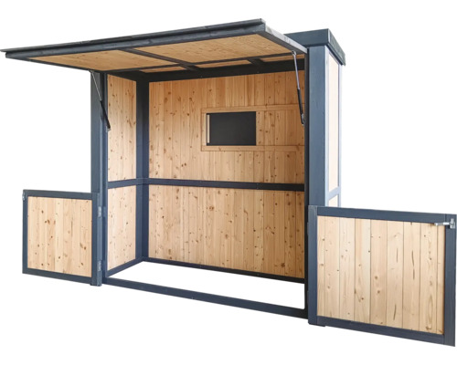 Stand de vânzare din lemn cu fereastră și acoperiș rabatabil