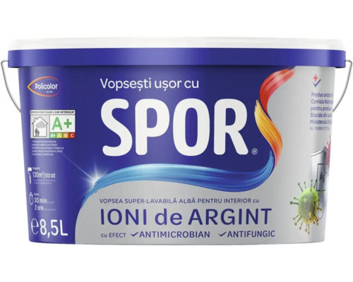 Vopsea superlavabilă pentru interior Spor cu ioni de argint albă 8,5 l