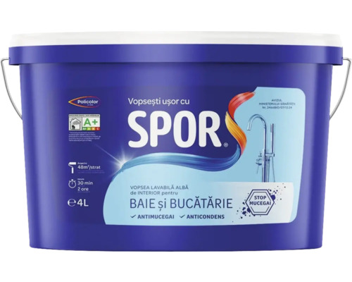 Vopsea lavabilă pentru baie si bucătărie Spor albă 4 l Vopsea lavabilă albă de interior pentru baie și bucătărie la găleată