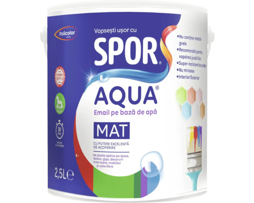 Email mat pe bază de apă Spor Aqua alb 2,5 l Găleată cu vopsea email pe bază de apă Sport Aqua, 2,5 litri