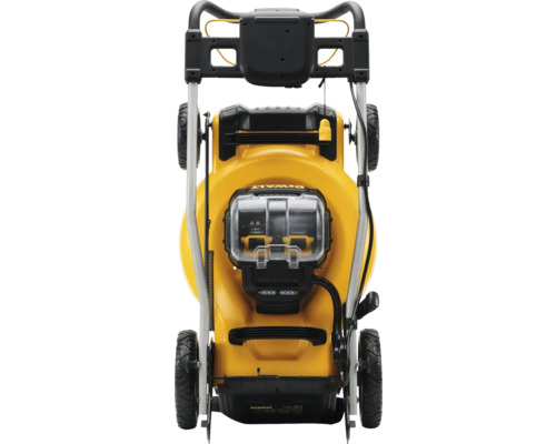 Vedere de sus a unei mașini de tuns iarba Dewalt galbene