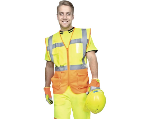 Bărbat în haine de lucru cu vestă de protecție și cască