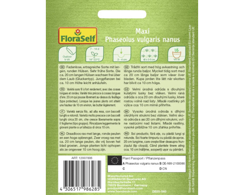 Pachet de semințe pentru Phaseolus vulgaris nanus, un soi timpuriu cu păstăi lungi și rotunde pentru cultivare în aer liber.