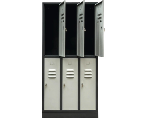 Dulap metalic cu șase compartimente, parțial deschis și cu chei