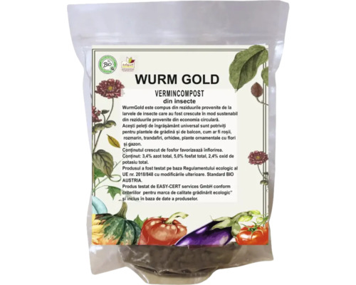 Îngrășământ Vermicompost Wurm Gold cu chitină 500 g Wurm Gold Vermicompost într-un ambalaj.