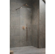 Cabină de duș de tip walk-in cu duș fix și perete de sticlă într-o baie modernă