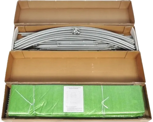 Seră într-un ambalaj de carton, constând dintr-o seră din folie și cadru metalic