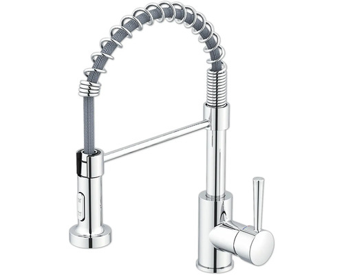 Baterie de bucătărie cu gura de scurgere pivotantă și arc spiralat
