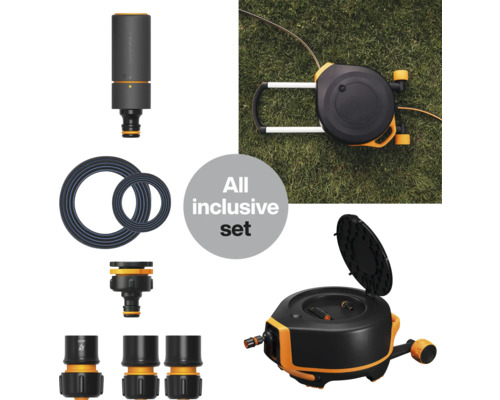 Cutie furtun de grădină Fiskars cu control de irigare și accesorii