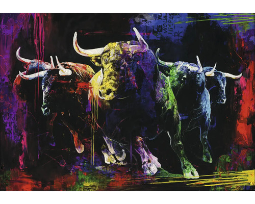 Tablou pictat manual Colourful Bulls III 100x70 cm