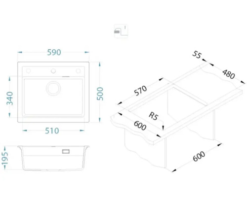 Desen tehnic al unei chiuvete cu dimensiuni