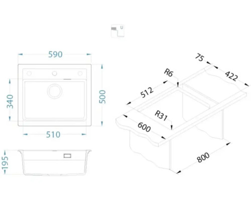 Desen tehnic al unei chiuvete de bucătărie cu dimensiuni