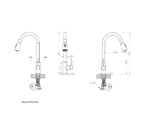 Desen tehnic al unei baterii de bucătărie Alveus Primrose cu dimensiuni