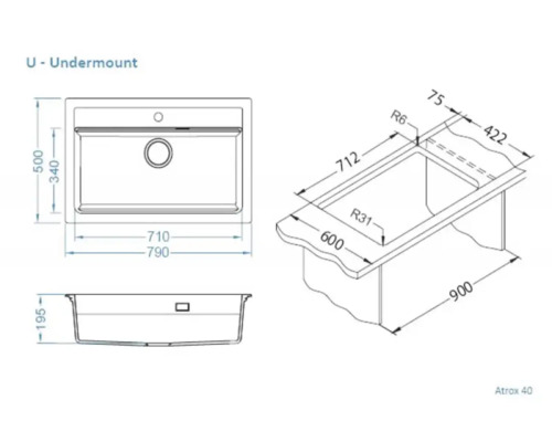 Desen tehnic al unei chiuvete sub blat cu dimensiuni