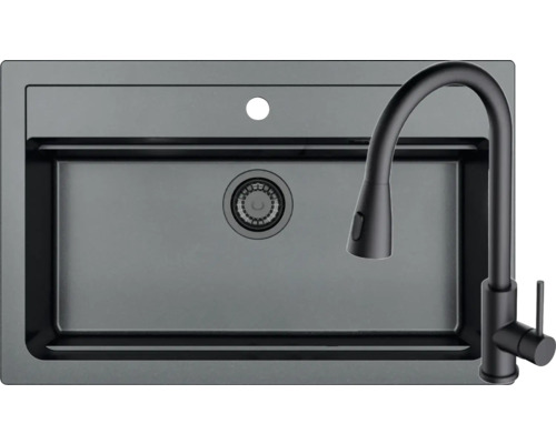 Pachet chiuvetă bucătărie granital 1 cuvă ALVEUS Atrox 40 50x79 cm Carbon ,incl. baterie Primrose Chiuvetă cu robinet