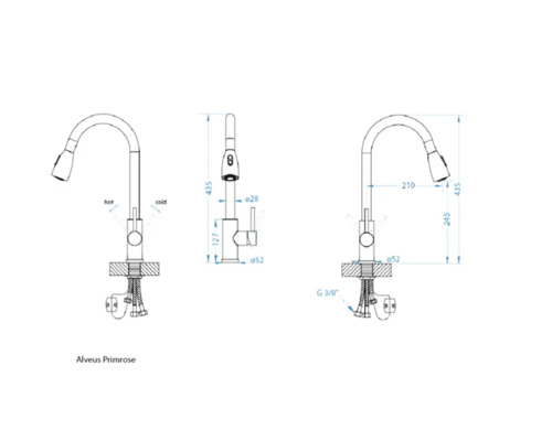 Desen tehnic baterie de bucătărie Alveus Primrose cu dimensiuni