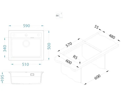 Desen tehnic cu dimensiunile unei chiuvete de bucătărie