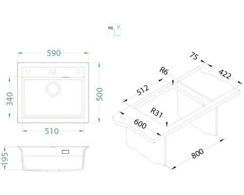 Desen tehnic al unei chiuvete de bucătărie cu dimensiuni