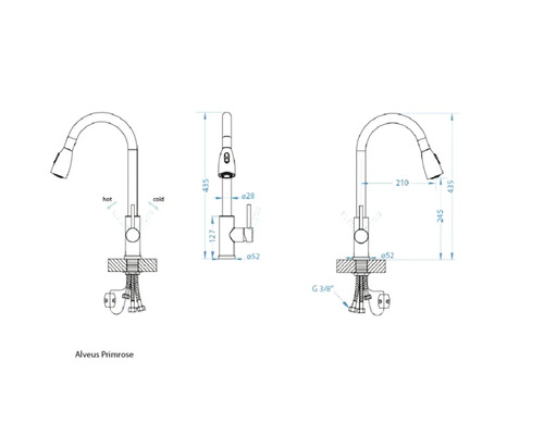 Desen tehnic al robinetului Alveus Primrose cu indicații dimensionale