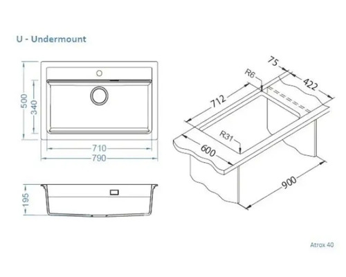 Desen tehnic cu chiuvetă sub blat cu dimensiuni