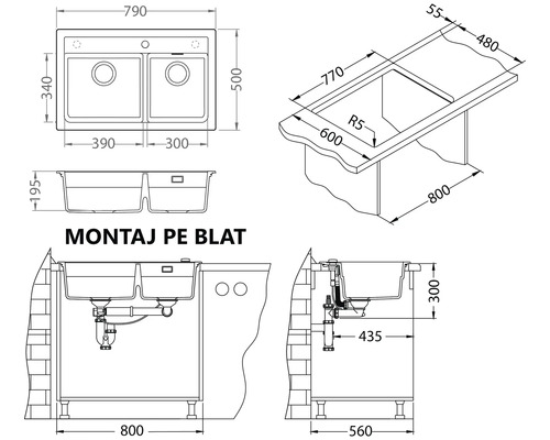 Desen cu o chiuvetă cu dublă cuvă și dimensiunile aferente.