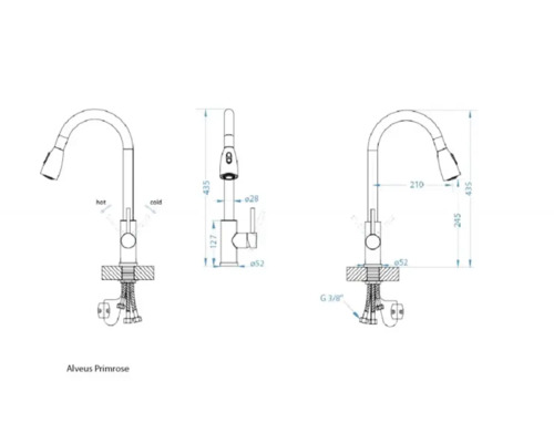 Desen tehnic al bateriei de bucătărie Alveus Primrose cu dimensiuni